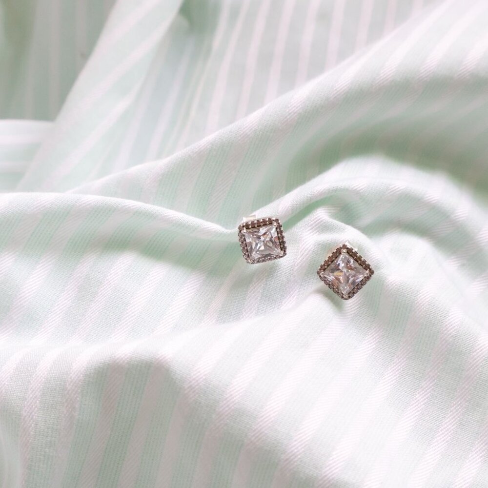 Pandora Square Sparkle Silver Clear Halo Stud Earrings